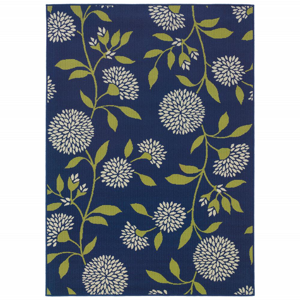 2' X 4' Blue and Green Floral Stain Resistant Indoor Outdoor Area Rug. Picture 1
