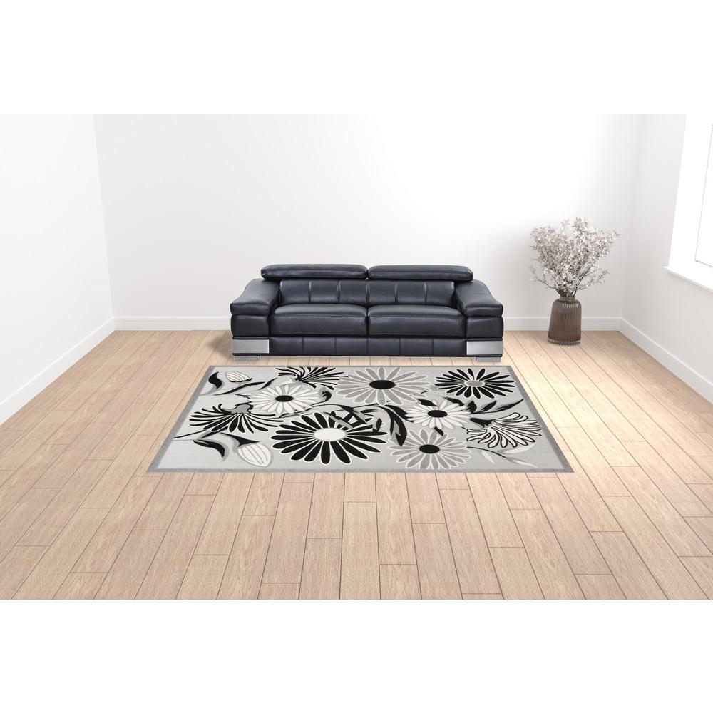 9' X 12' Black And White Floral Stain Resistant Non Skid Area Rug. Picture 2