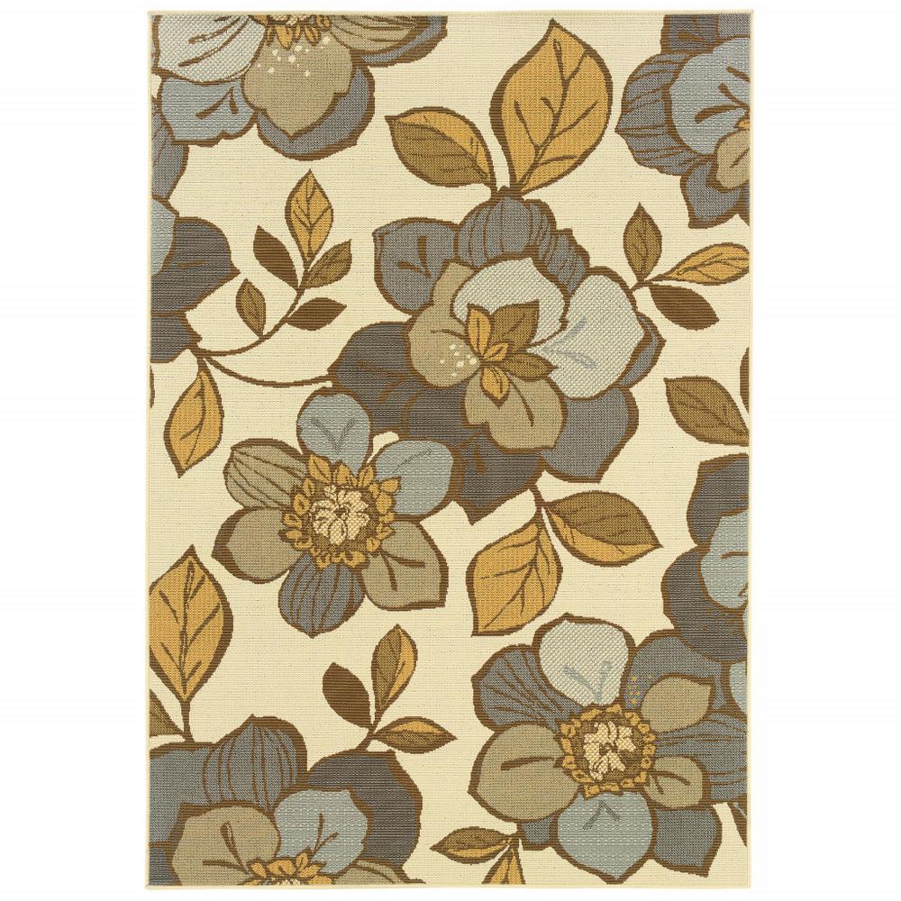 2' X 4' Gray and Ivory Floral Stain Resistant Indoor Outdoor Area Rug. Picture 1