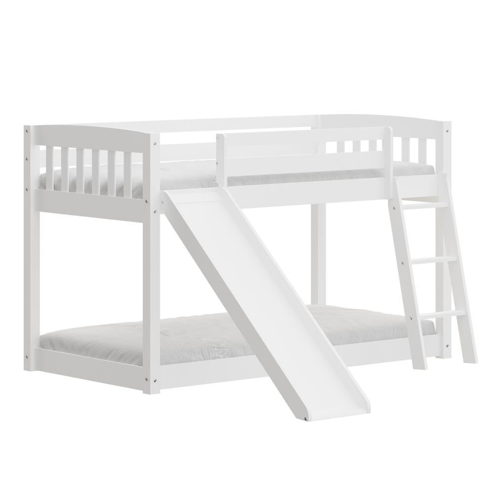 White Twin over Twin Solid Wood Bunk Bed With Slide and Ladder. Picture 1