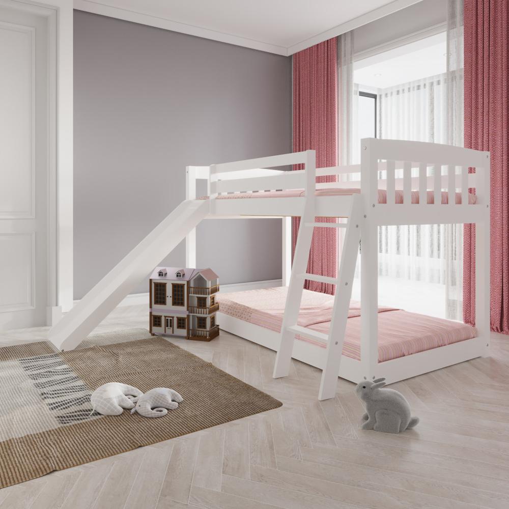 White Twin over Twin Solid Wood Bunk Bed With Slide and Ladder. Picture 3