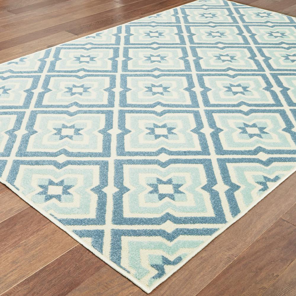 10' x 13' Blue and Ivory Geometric Stain Resistant Indoor Outdoor Area Rug. Picture 4