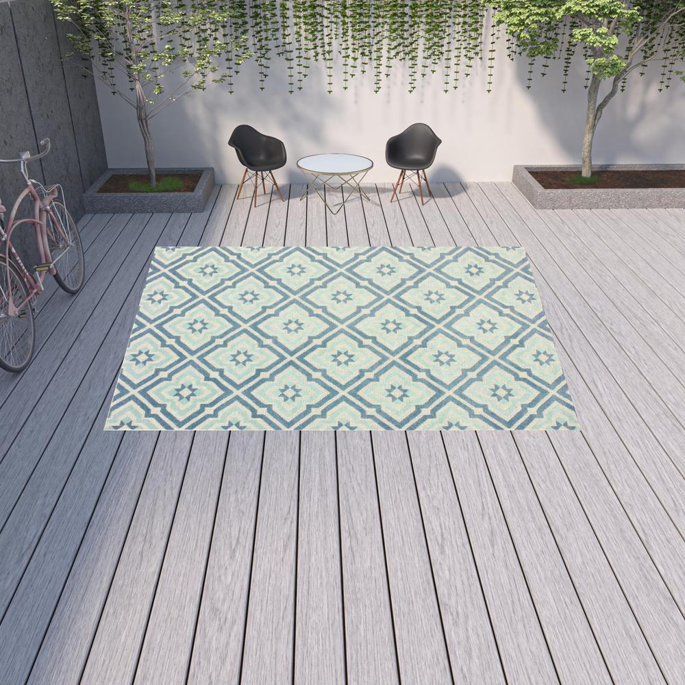 10' x 13' Blue and Ivory Geometric Stain Resistant Indoor Outdoor Area Rug. Picture 2