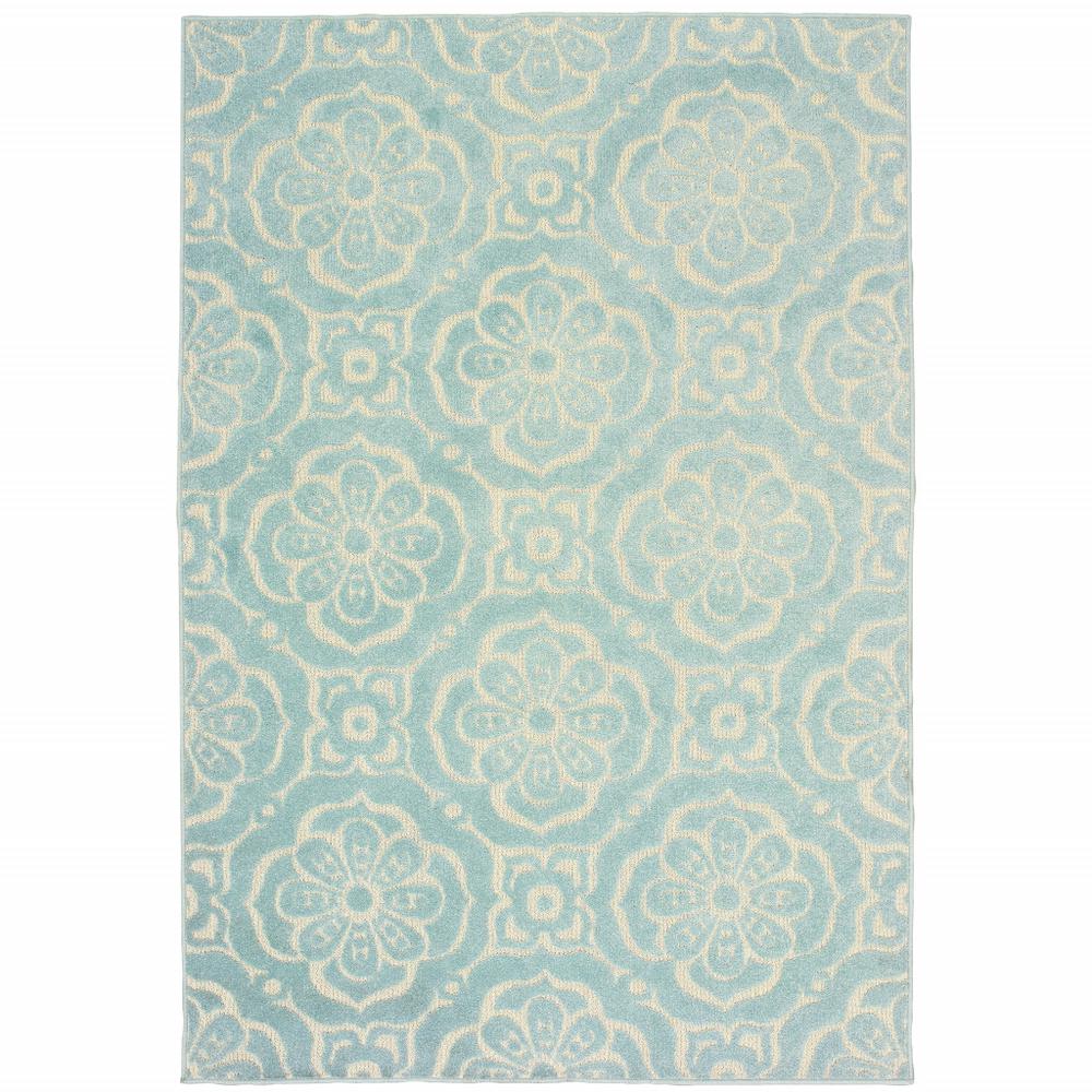 10' x 13' Blue and Ivory Floral Stain Resistant Indoor Outdoor Area Rug. Picture 1