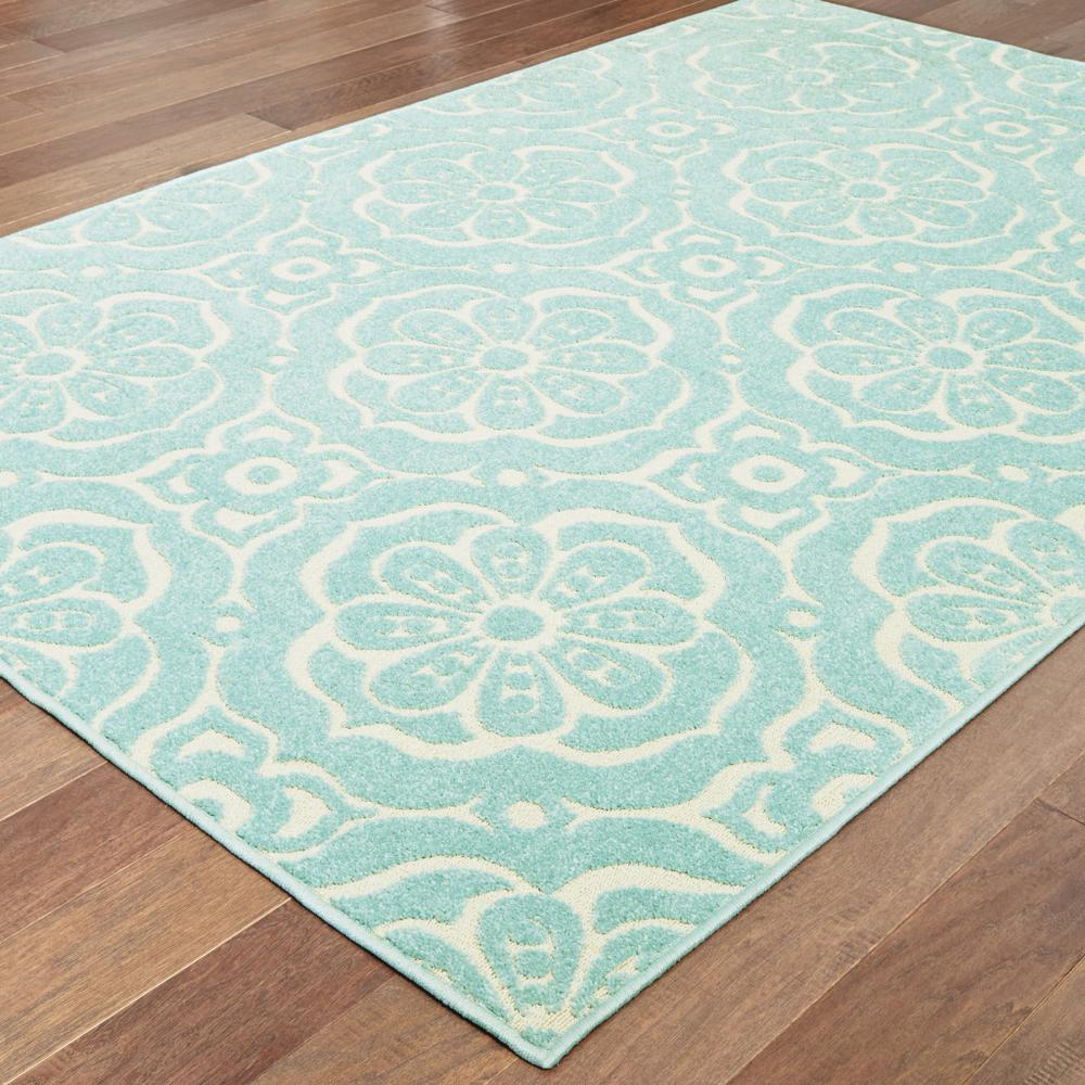 10' x 13' Blue and Ivory Floral Stain Resistant Indoor Outdoor Area Rug. Picture 4