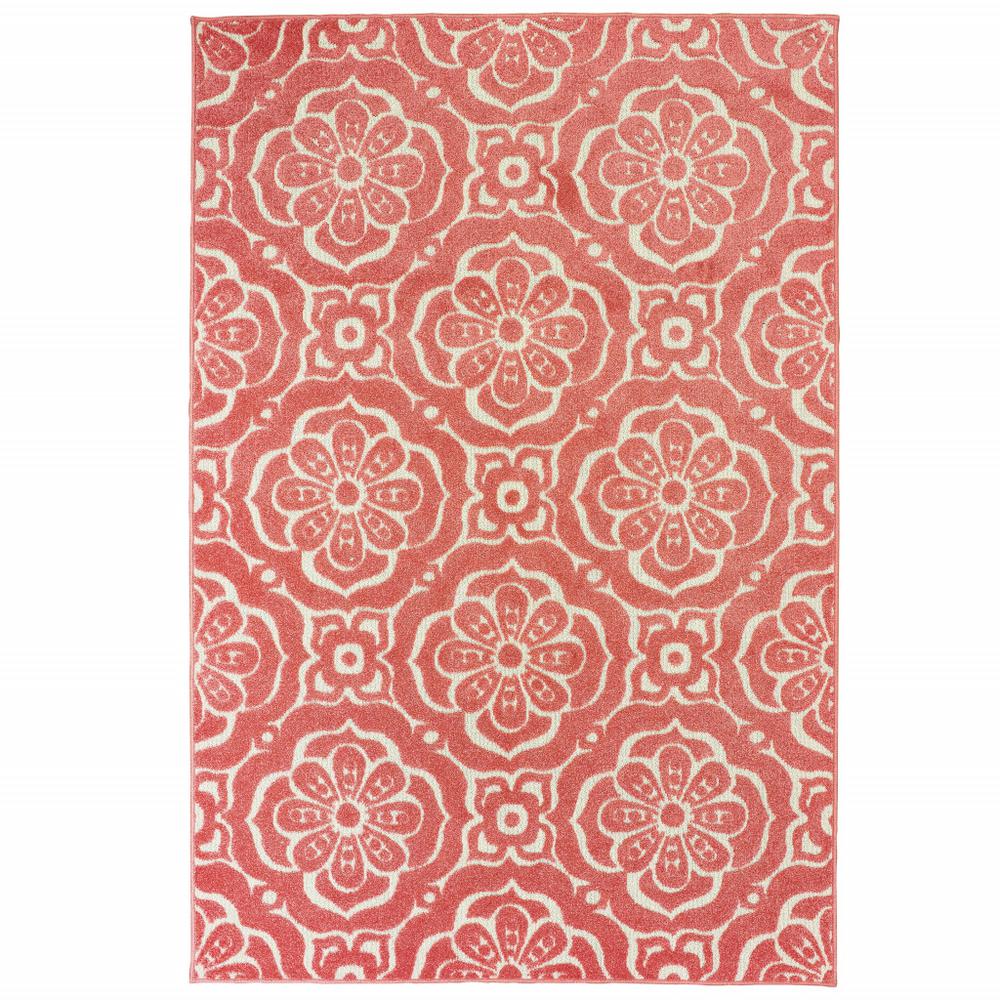 7' x 10' Pink Floral Stain Resistant Indoor Outdoor Area Rug. Picture 1
