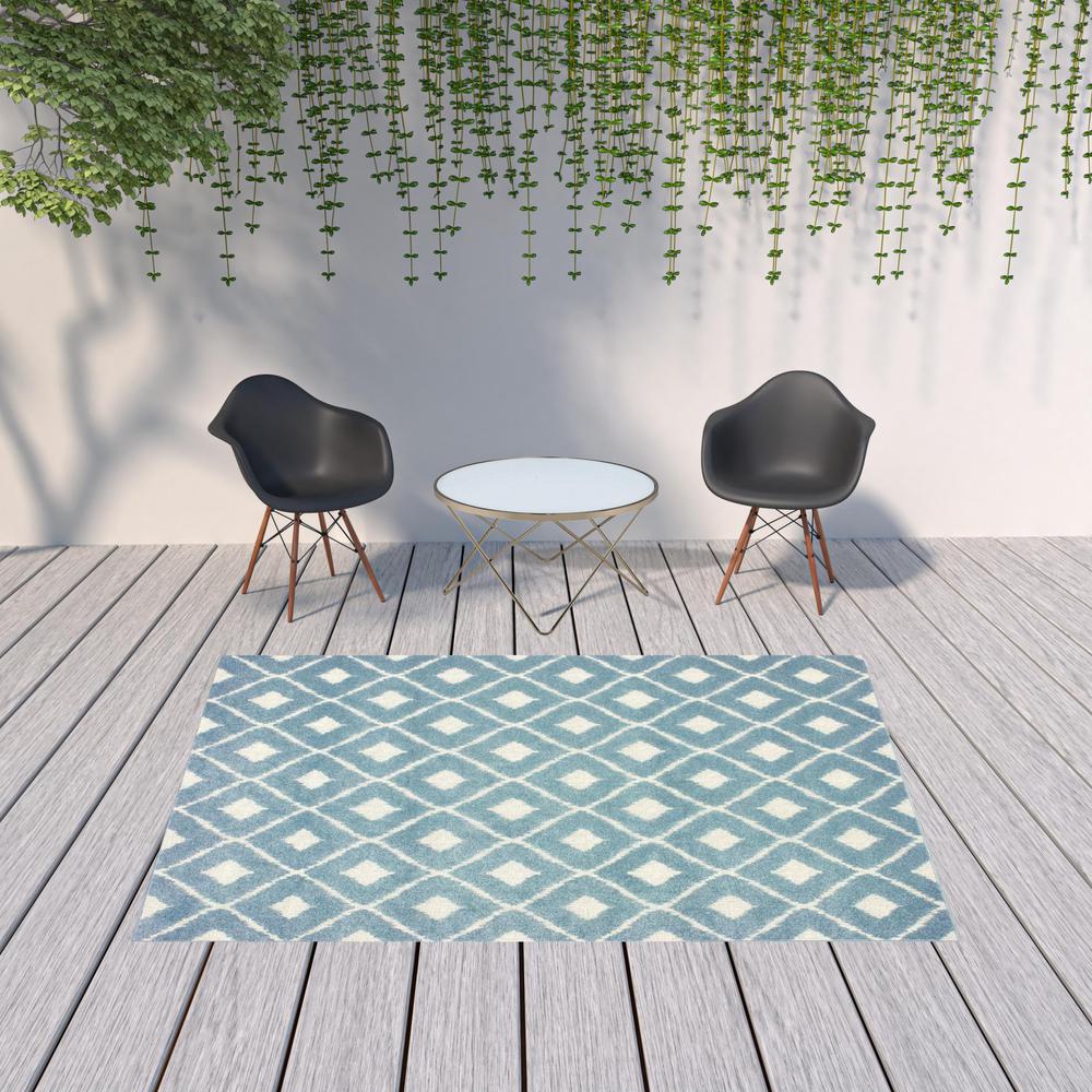 7' x 10' Blue and Ivory Geometric Stain Resistant Indoor Outdoor Area Rug. Picture 2