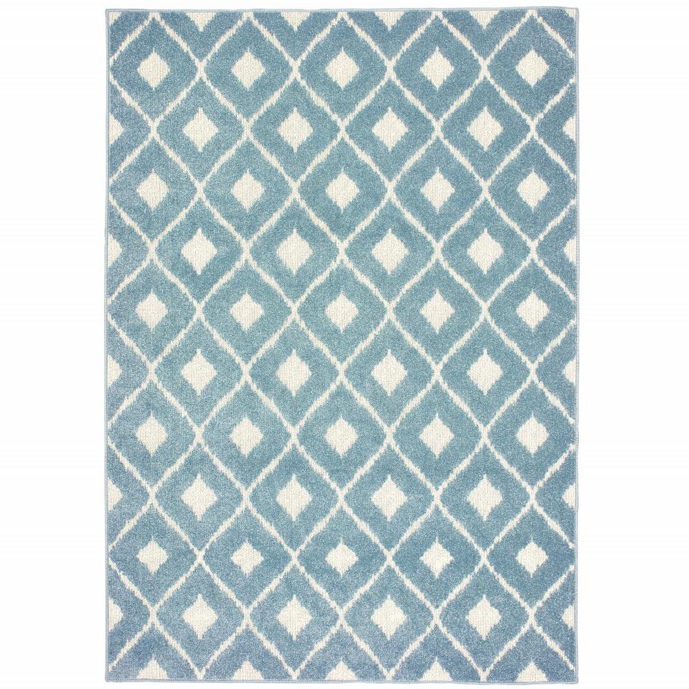 10' x 13' Blue and Ivory Geometric Stain Resistant Indoor Outdoor Area Rug. Picture 1