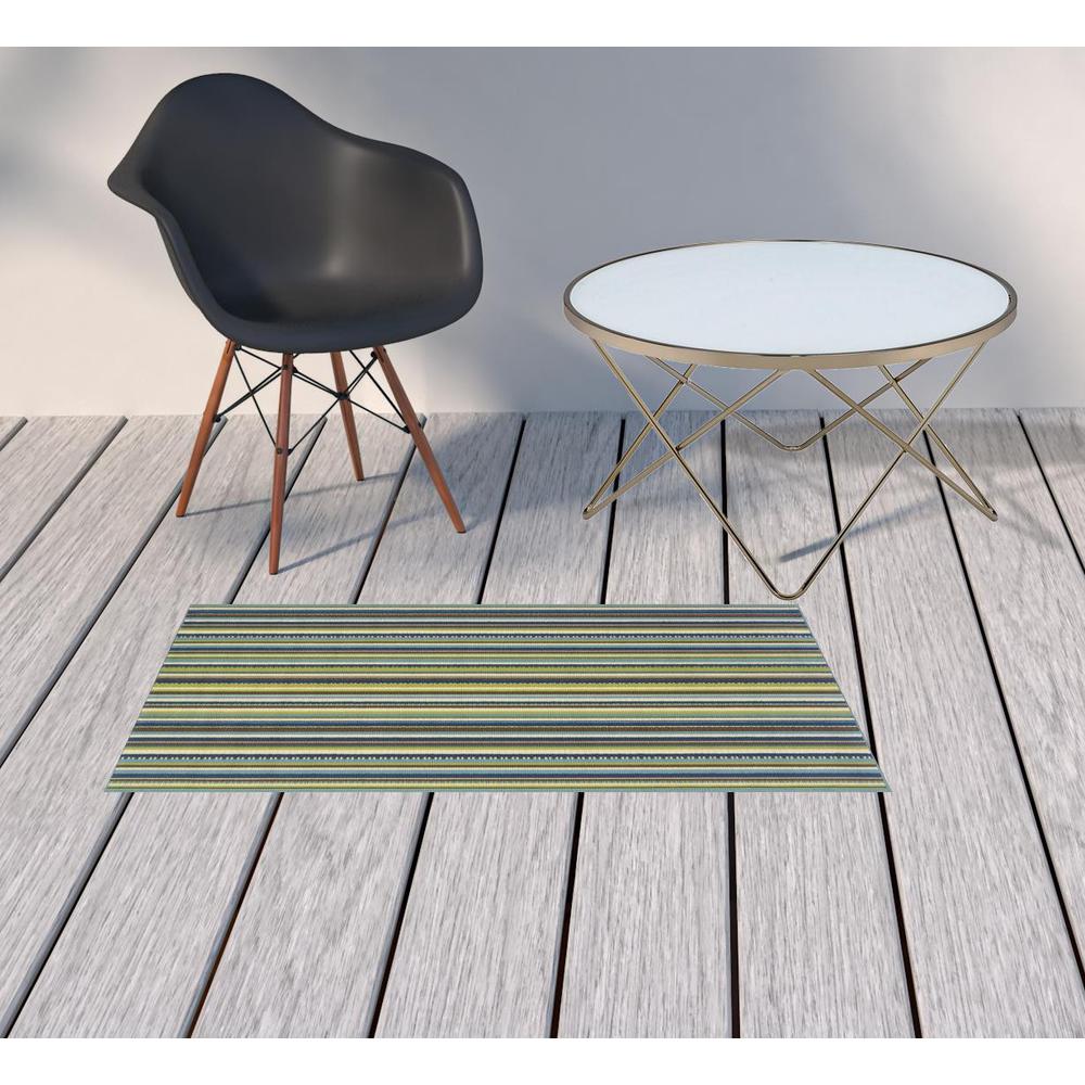 2' X 4' Blue and Green Striped Stain Resistant Indoor Outdoor Area Rug. Picture 2