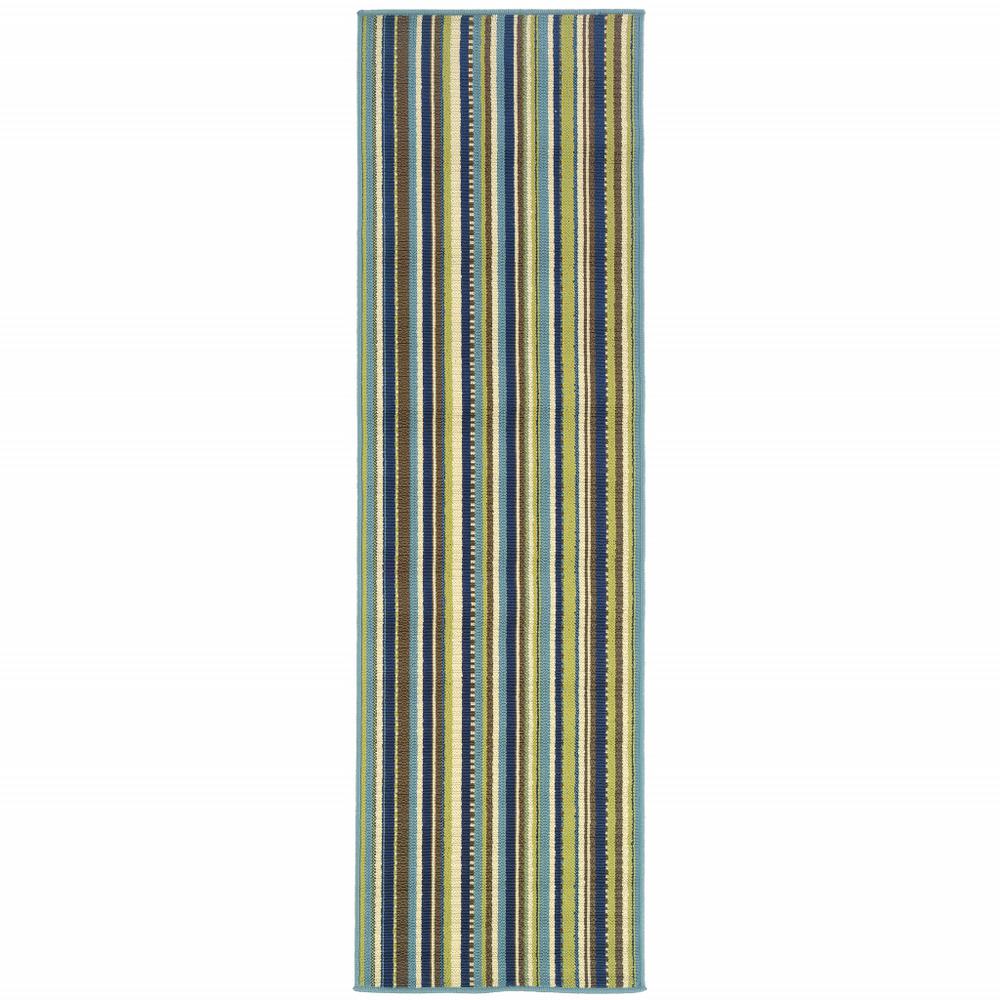 2' X 8' Blue and Green Striped Stain Resistant Indoor Outdoor Area Rug. Picture 1