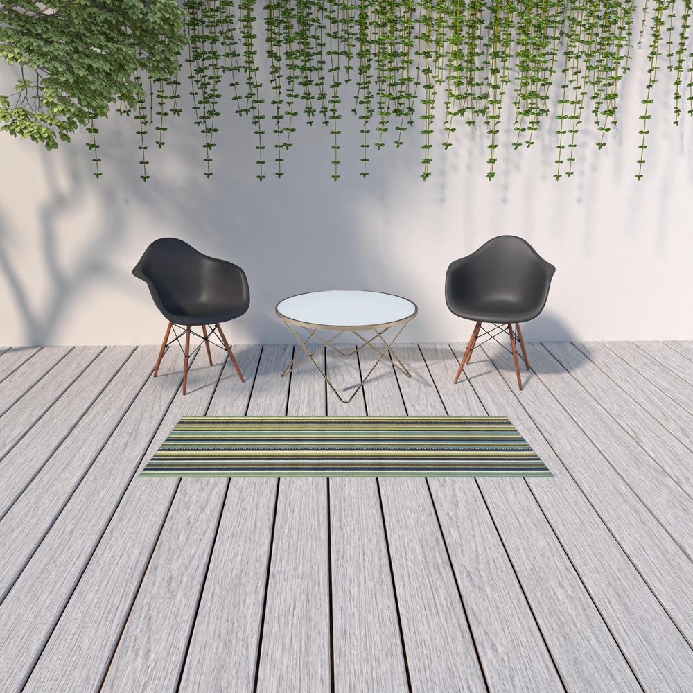 2' X 8' Blue and Green Striped Stain Resistant Indoor Outdoor Area Rug. Picture 2