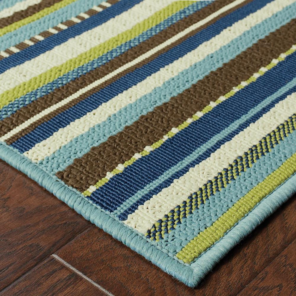 2' X 8' Blue and Green Striped Stain Resistant Indoor Outdoor Area Rug. Picture 6