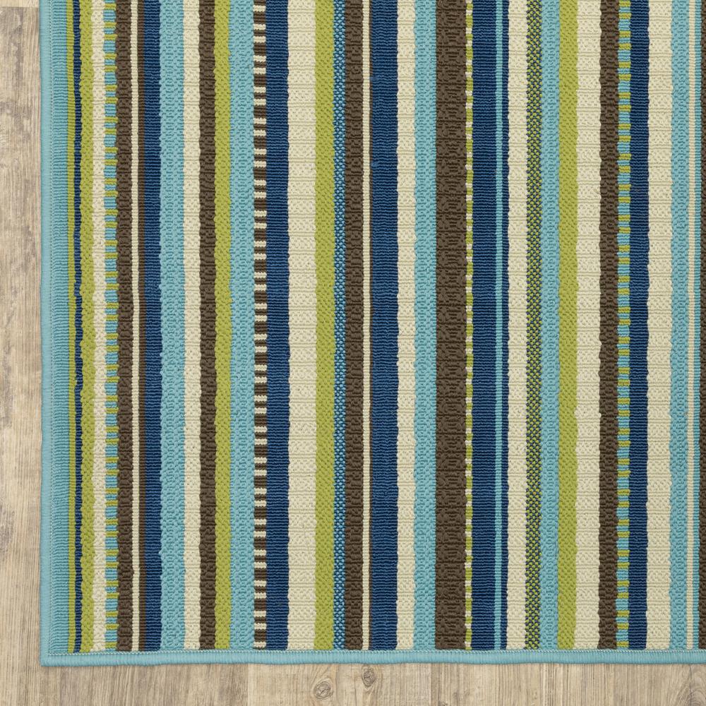 2' X 8' Blue and Green Striped Stain Resistant Indoor Outdoor Area Rug. Picture 5