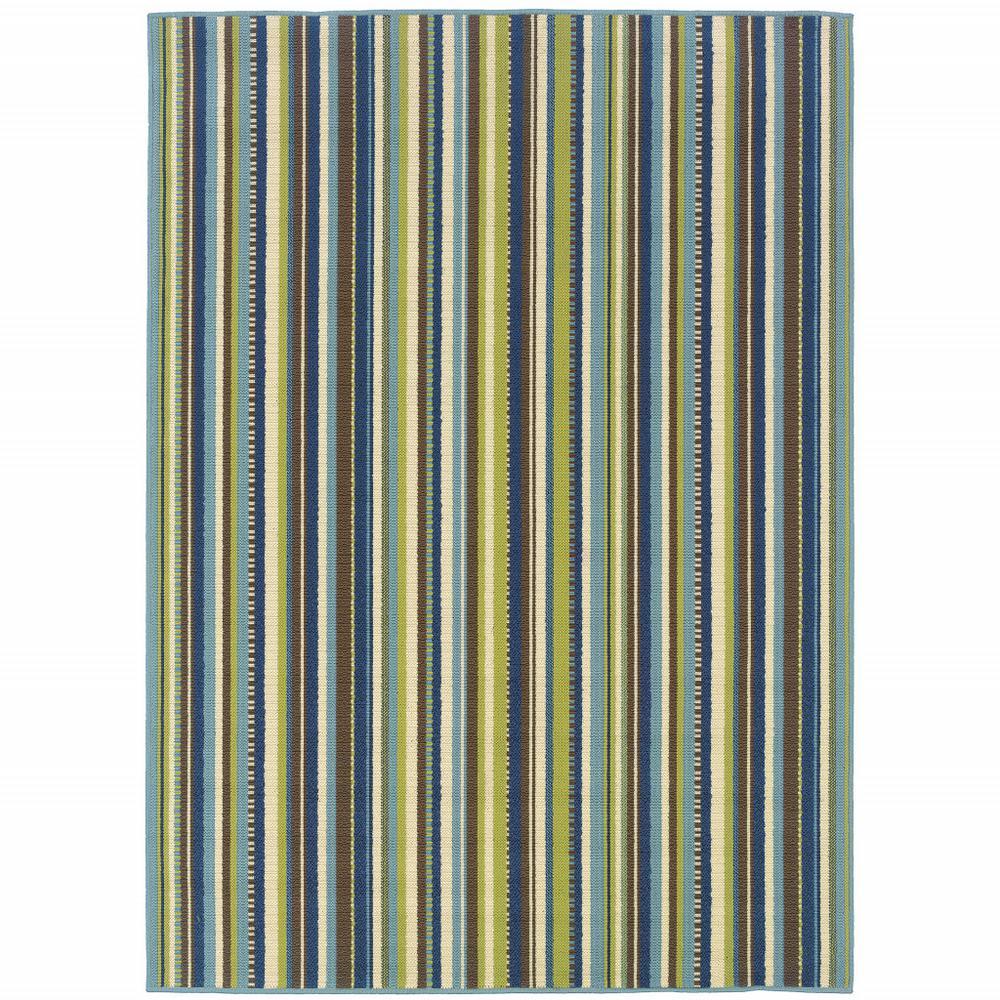 2' X 4' Blue and Green Striped Stain Resistant Indoor Outdoor Area Rug. Picture 1