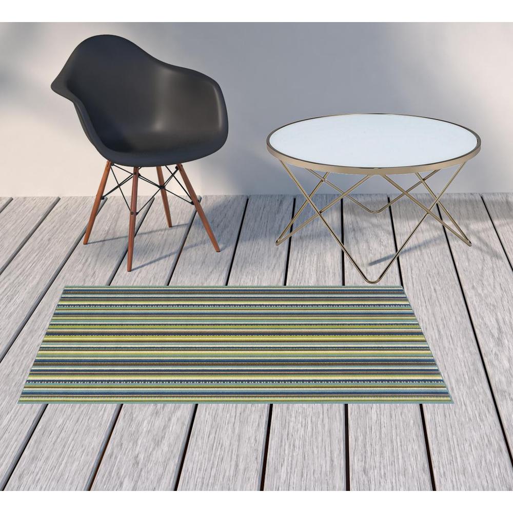 2' X 4' Blue and Green Striped Stain Resistant Indoor Outdoor Area Rug. Picture 2