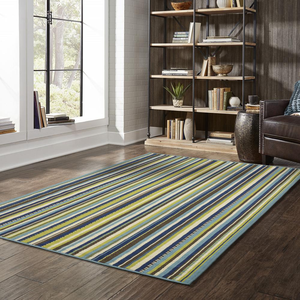 2' X 4' Blue and Green Striped Stain Resistant Indoor Outdoor Area Rug. Picture 9