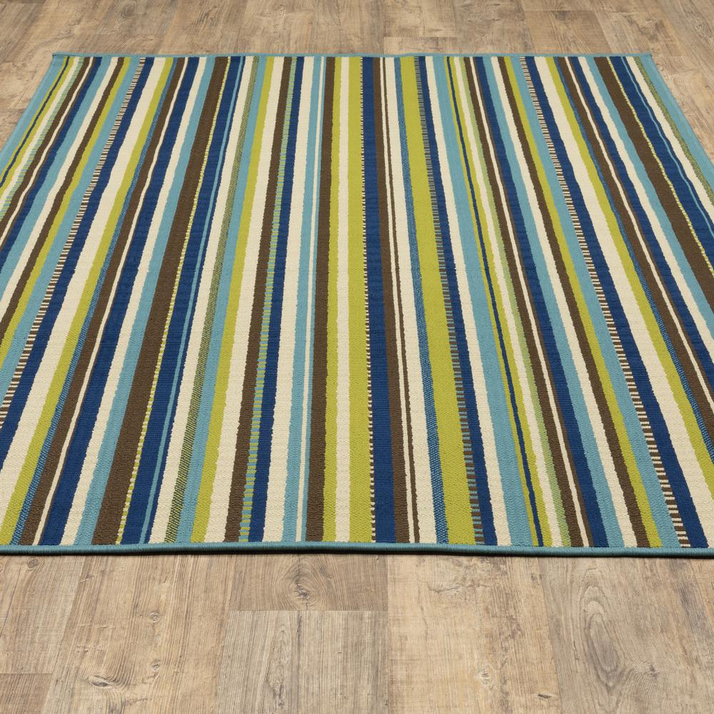 2' X 4' Blue and Green Striped Stain Resistant Indoor Outdoor Area Rug. Picture 8