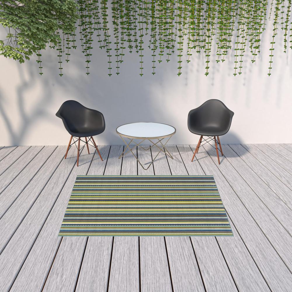 5' x 8' Blue and Green Striped Stain Resistant Indoor Outdoor Area Rug. Picture 2