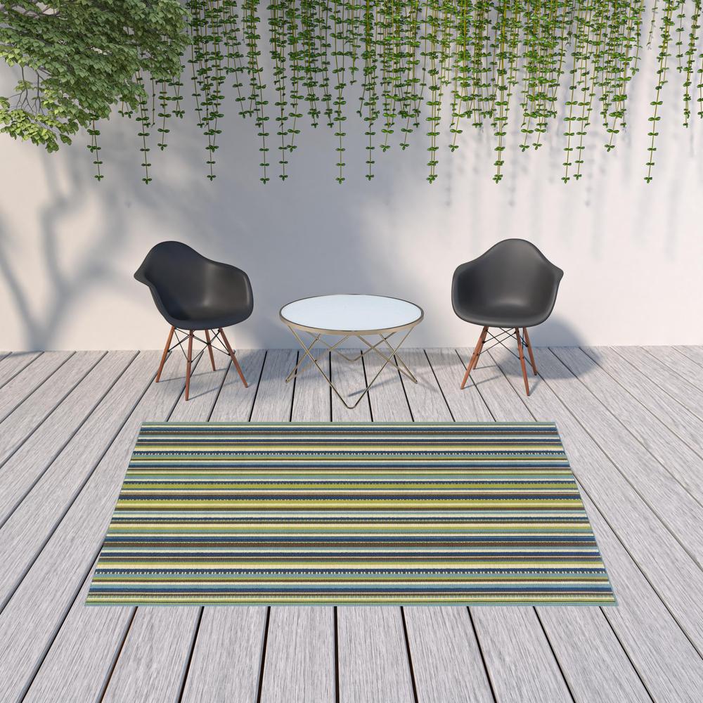 7' x 10' Blue and Green Striped Stain Resistant Indoor Outdoor Area Rug. Picture 2
