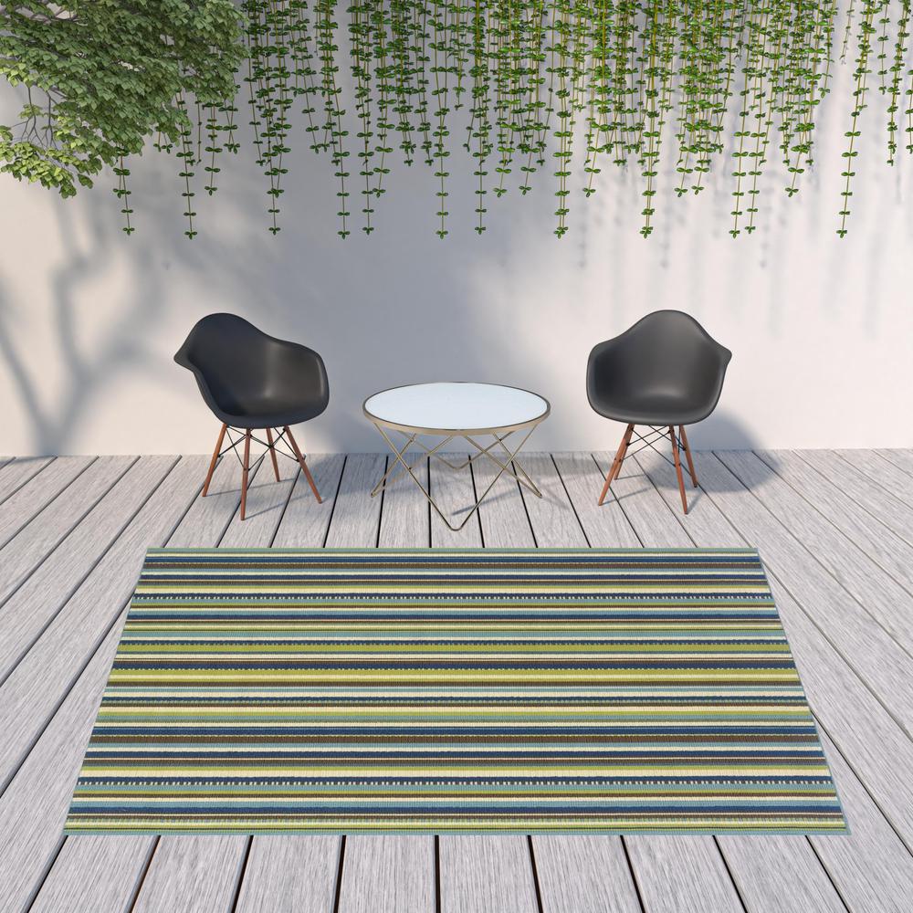 8' x 11' Blue and Green Striped Stain Resistant Indoor Outdoor Area Rug. Picture 2
