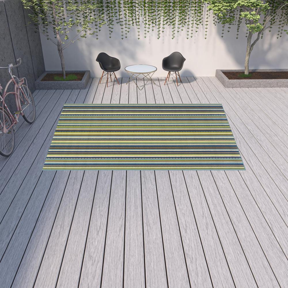 9' X 13' Blue and Green Striped Stain Resistant Indoor Outdoor Area Rug. Picture 2