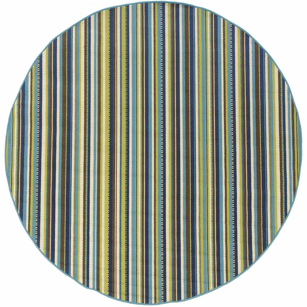 8' x 8' Blue and Green Round Striped Stain Resistant Indoor Outdoor Area Rug. Picture 1