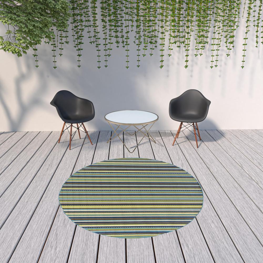 8' x 8' Blue and Green Round Striped Stain Resistant Indoor Outdoor Area Rug. Picture 2