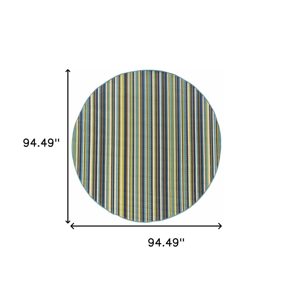 8' x 8' Blue and Green Round Striped Stain Resistant Indoor Outdoor Area Rug. Picture 5
