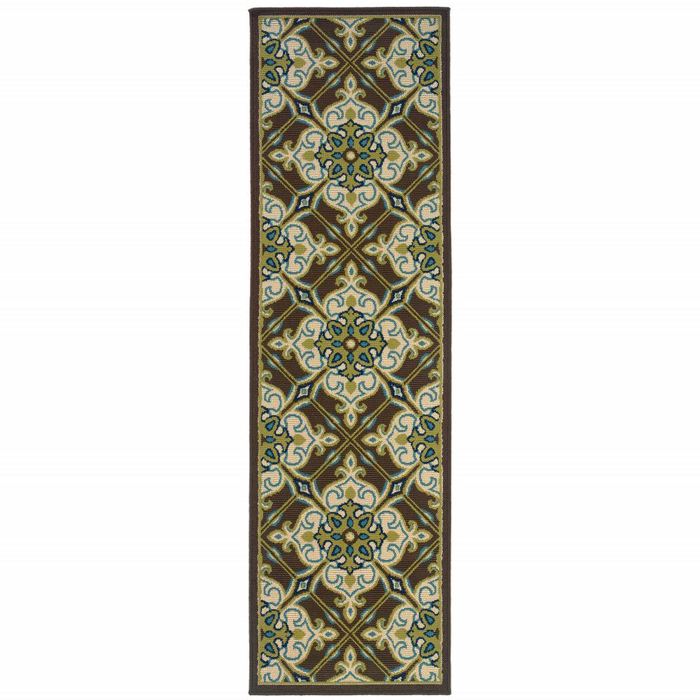 2' X 8' Brown and Ivory Floral Stain Resistant Indoor Outdoor Area Rug. Picture 1