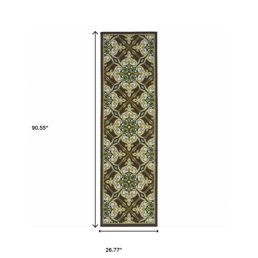 2' X 8' Brown and Ivory Floral Stain Resistant Indoor Outdoor Area Rug. Picture 4