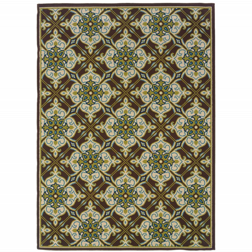 4' x 6' Brown and Ivory Floral Stain Resistant Indoor Outdoor Area Rug. Picture 1