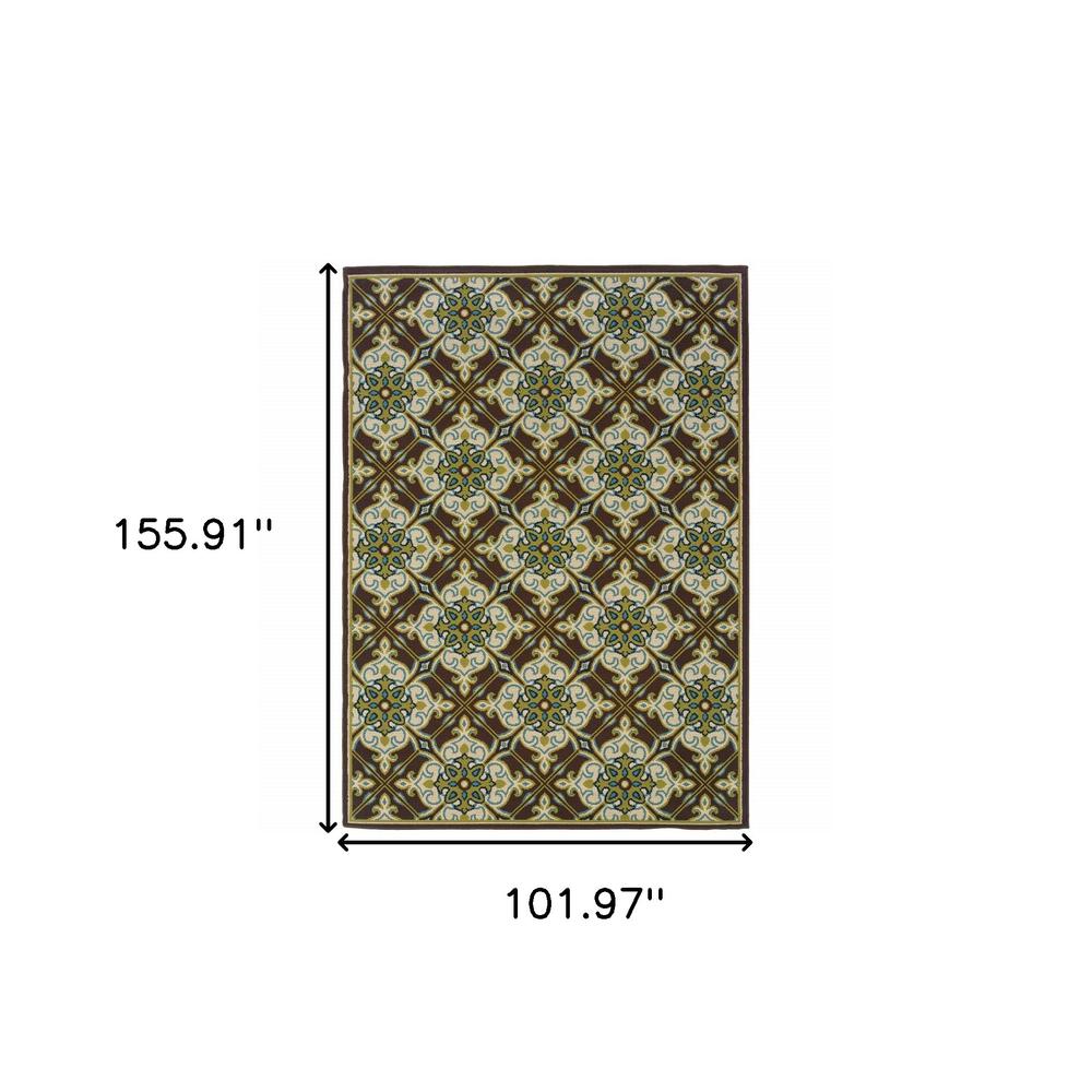 9' X 13' Brown and Ivory Floral Stain Resistant Indoor Outdoor Area Rug. Picture 5