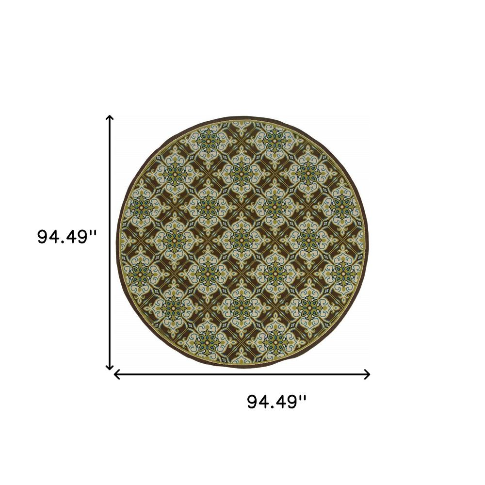 8' x 8' Brown and Ivory Round Floral Stain Resistant Indoor Outdoor Area Rug. Picture 4