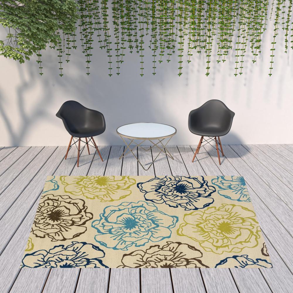 8' x 11' Green and Ivory Floral Stain Resistant Indoor Outdoor Area Rug. Picture 2