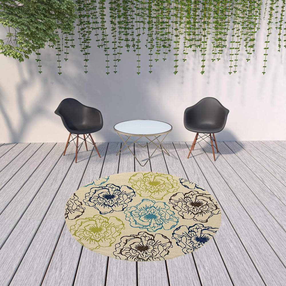 8' x 8' Green and Ivory Round Floral Stain Resistant Indoor Outdoor Area Rug. Picture 3