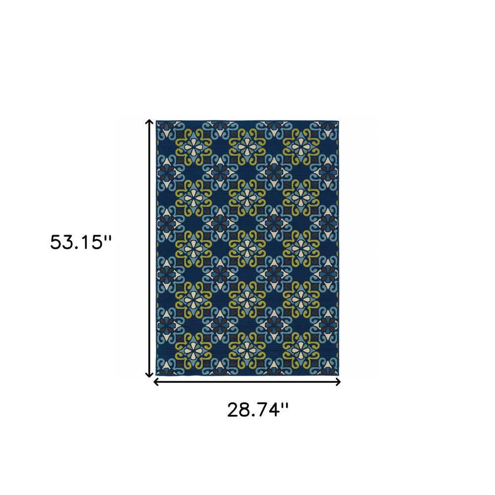 2' X 4' Blue and Green Floral Stain Resistant Indoor Outdoor Area Rug. Picture 6