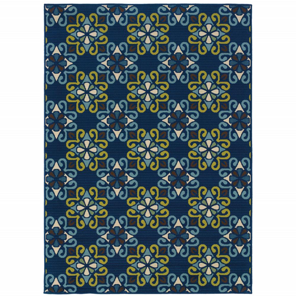 5' x 8' Blue and Green Floral Stain Resistant Indoor Outdoor Area Rug. Picture 1