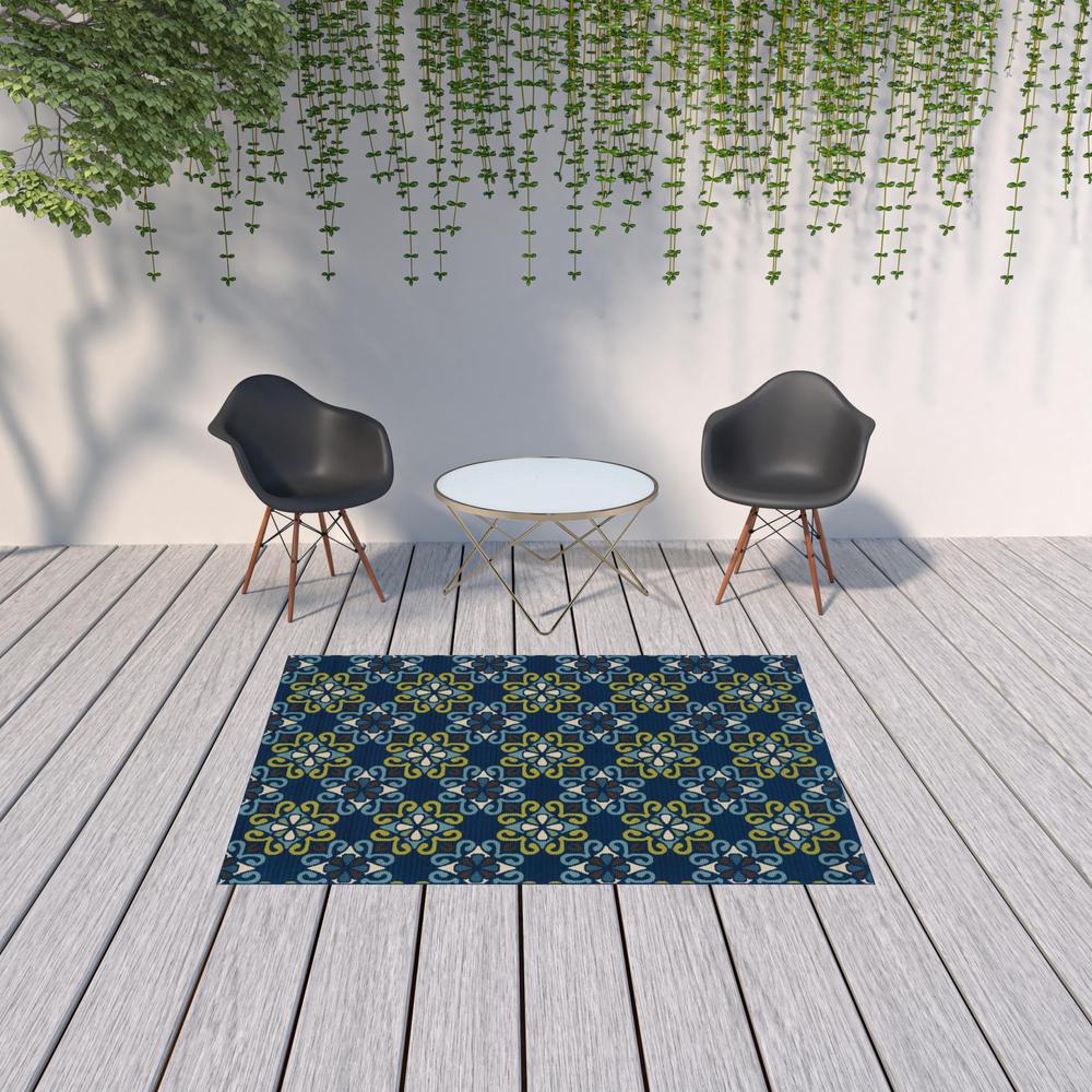 5' x 8' Blue and Green Floral Stain Resistant Indoor Outdoor Area Rug. Picture 2