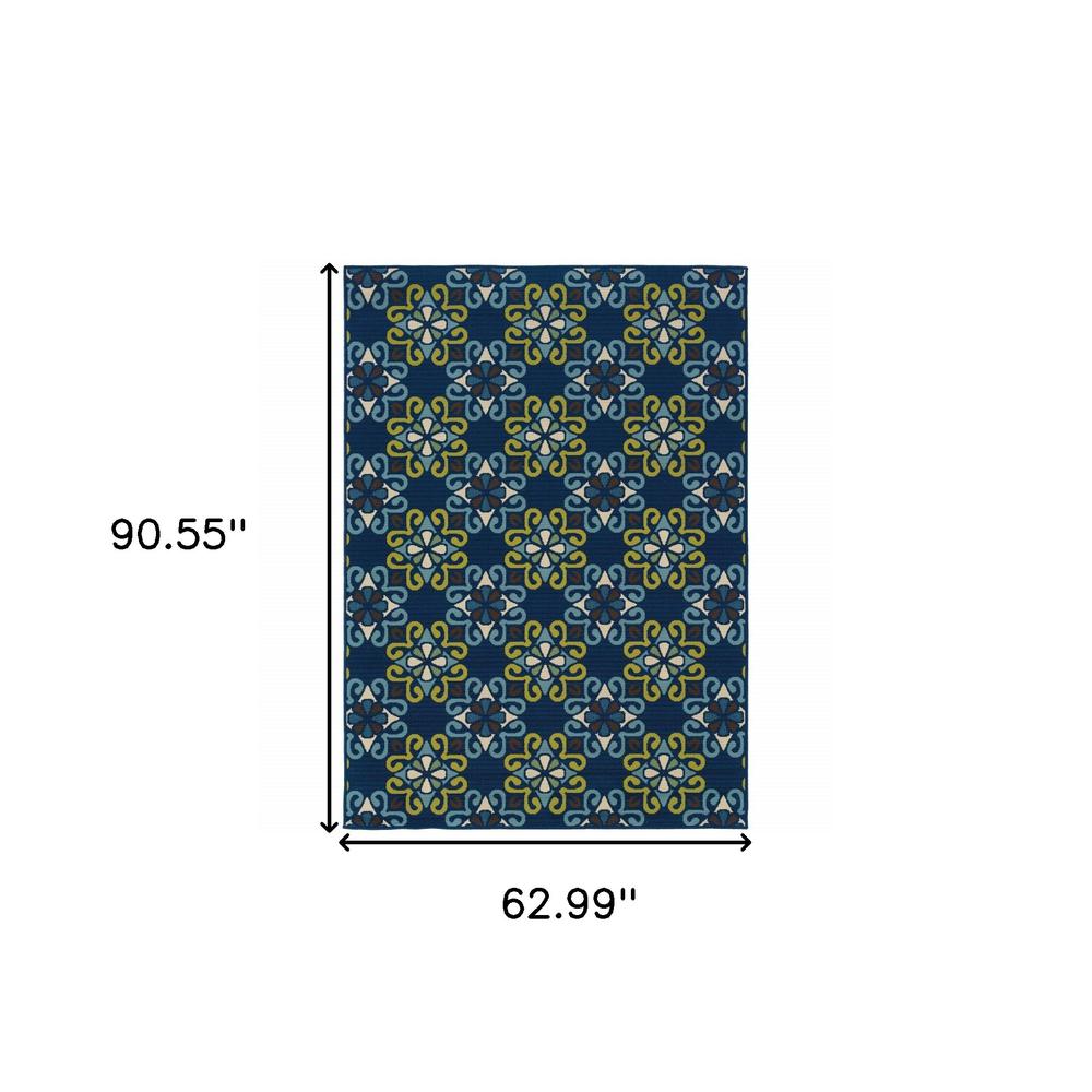5' x 8' Blue and Green Floral Stain Resistant Indoor Outdoor Area Rug. Picture 6