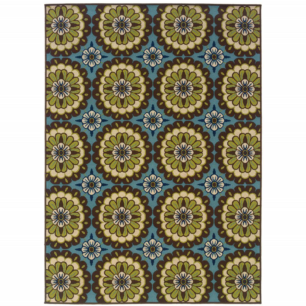 7' x 10' Blue and Green Floral Stain Resistant Indoor Outdoor Area Rug. Picture 1