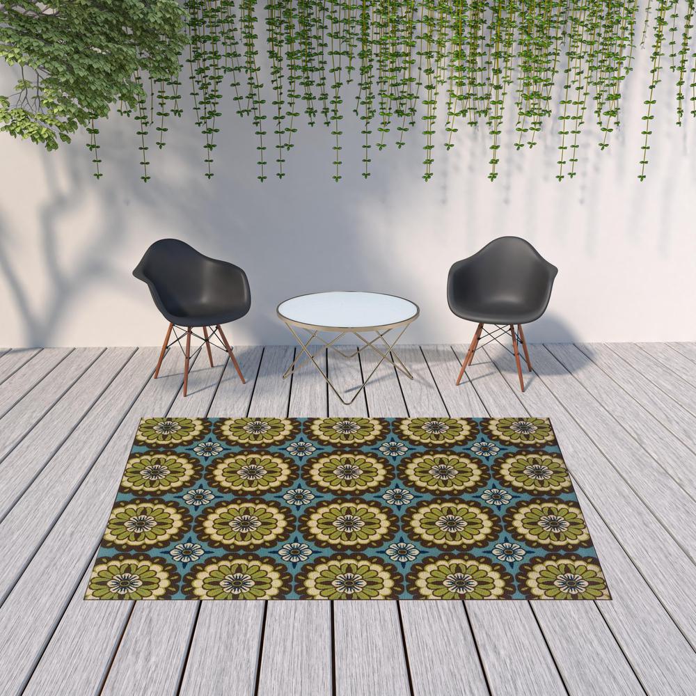 7' x 10' Blue and Green Floral Stain Resistant Indoor Outdoor Area Rug. Picture 2