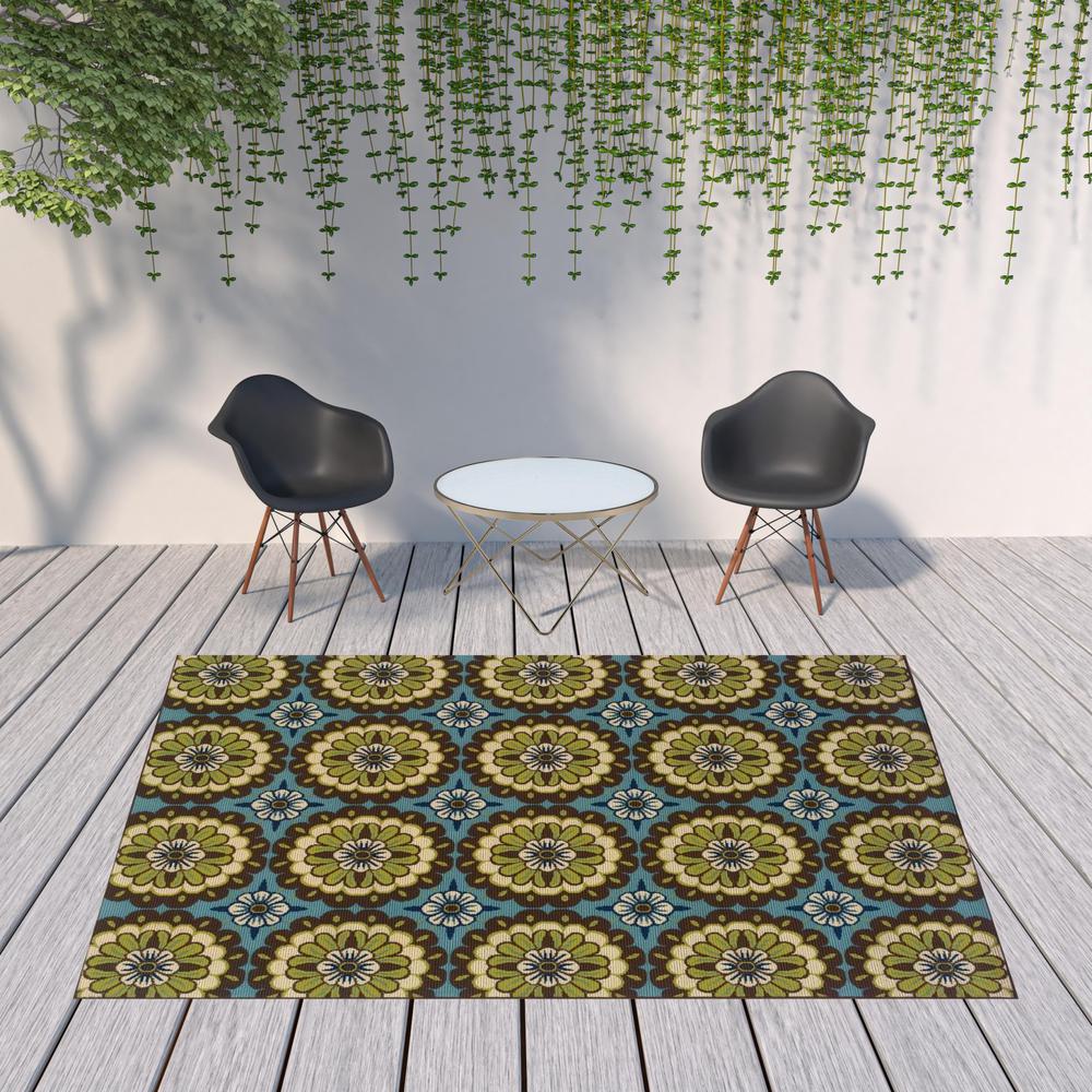 8' x 11' Blue and Green Floral Stain Resistant Indoor Outdoor Area Rug. Picture 2