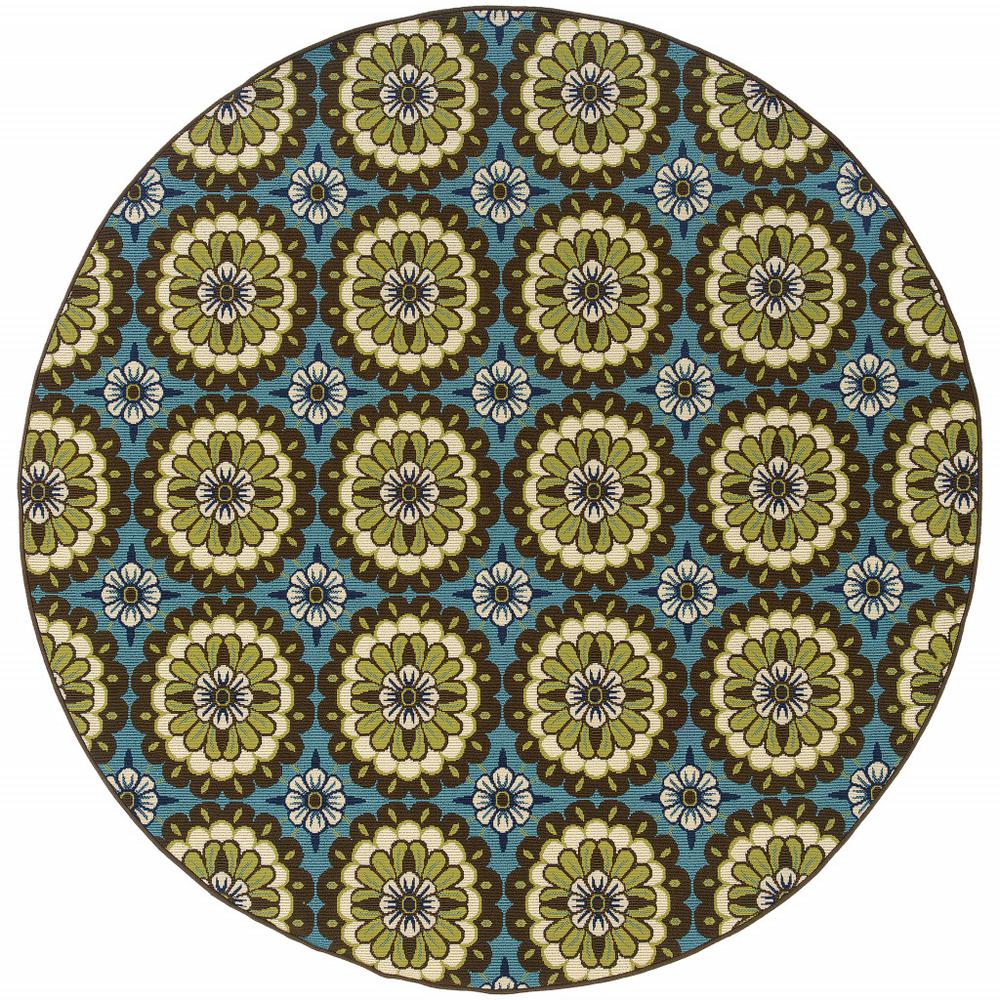 8' x 8' Blue and Green Round Floral Stain Resistant Indoor Outdoor Area Rug. Picture 1