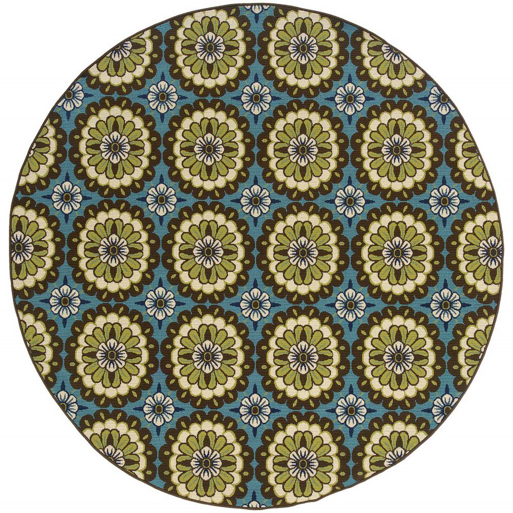 8' x 8' Blue and Green Round Floral Stain Resistant Indoor Outdoor Area Rug. Picture 2