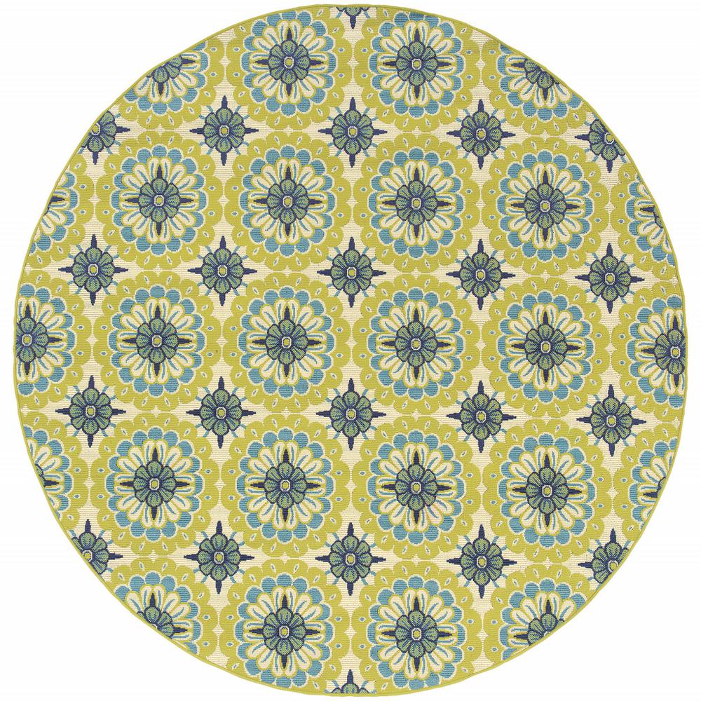 8' x 8' Green and Ivory Round Floral Stain Resistant Indoor Outdoor Area Rug. Picture 1