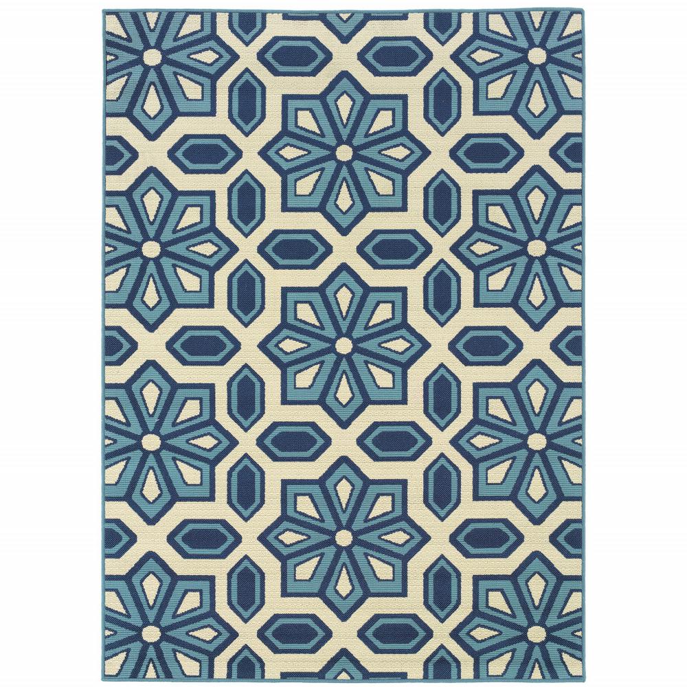 2' X 4' Ivory and Blue Geometric Stain Resistant Indoor Outdoor Area Rug. Picture 1