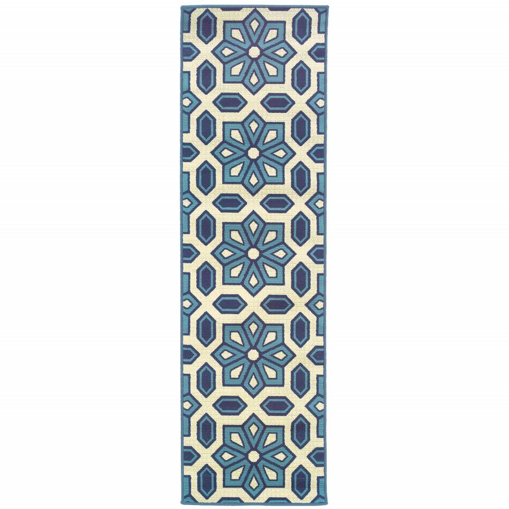 2' X 8' Ivory and Blue Geometric Stain Resistant Indoor Outdoor Area Rug. Picture 1