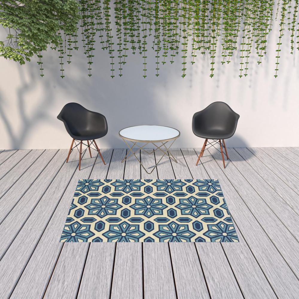 5' x 8' Ivory and Blue Geometric Stain Resistant Indoor Outdoor Area Rug. Picture 2