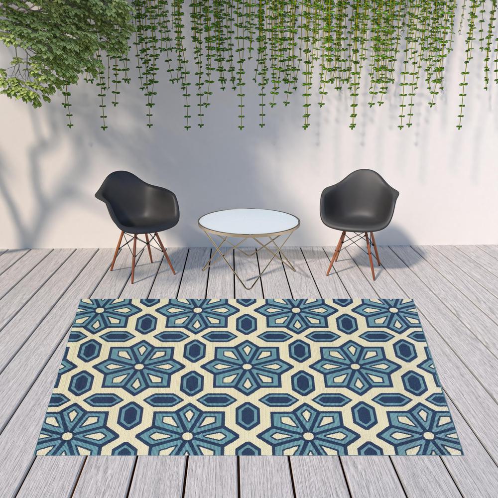 8' x 11' Ivory and Blue Geometric Stain Resistant Indoor Outdoor Area Rug. Picture 2