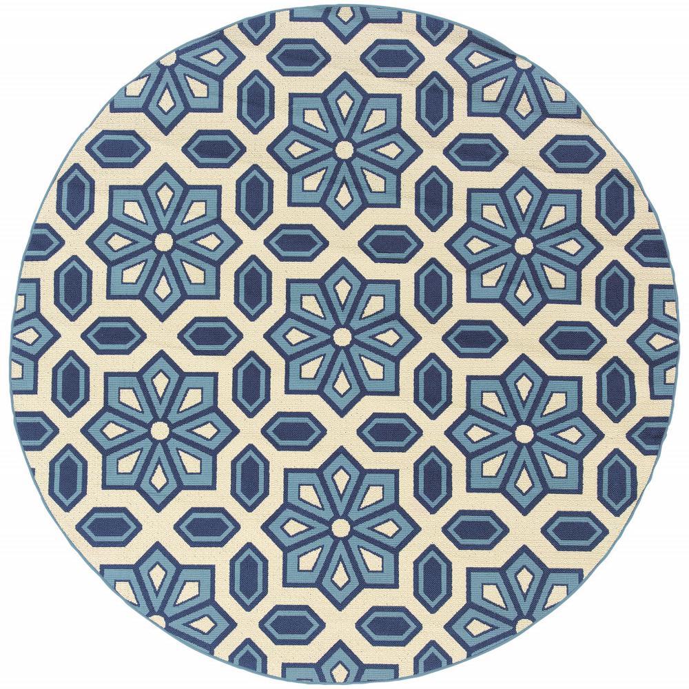 8' x 8' Ivory and Blue Round Geometric Stain Resistant Indoor Outdoor Area Rug. Picture 1